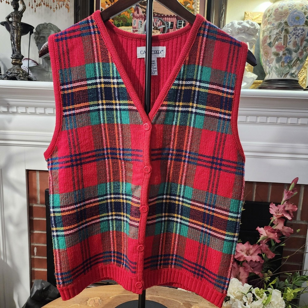 M Vintage 90s Red Green and Blue Plaid Button Up Sweater Vest